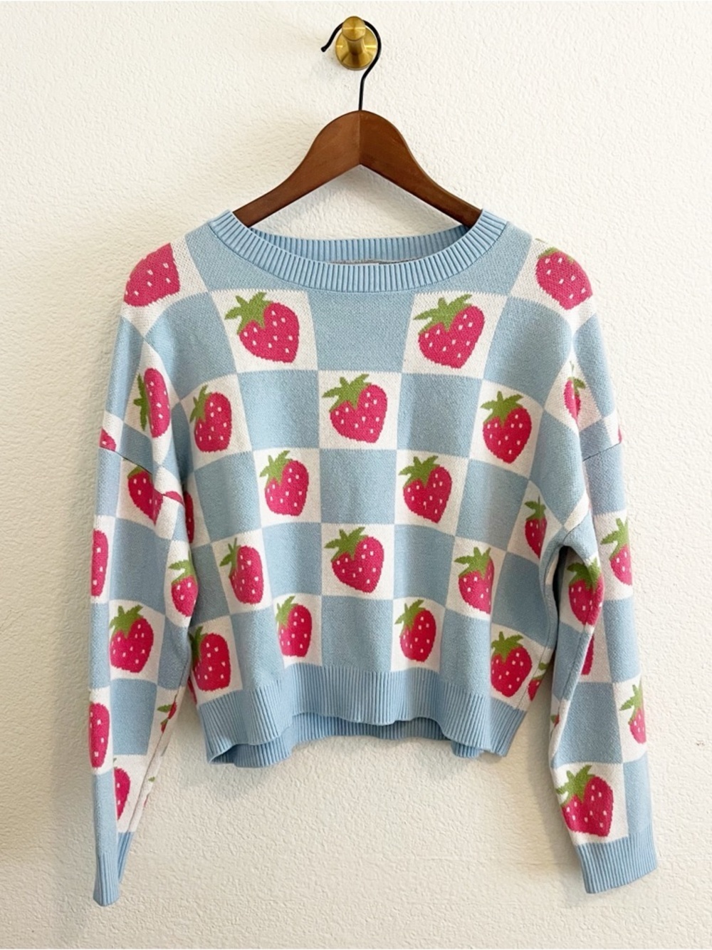 Luna Ivy Blue Checkered Strawberry Sweater Size L
